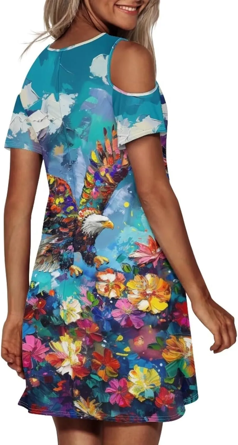 PinUp Angel Womens Art Oil Painting Animal Pattern Summer Dresses Beach Casual Loose Tshirt Floral Short Sleeve Sundress