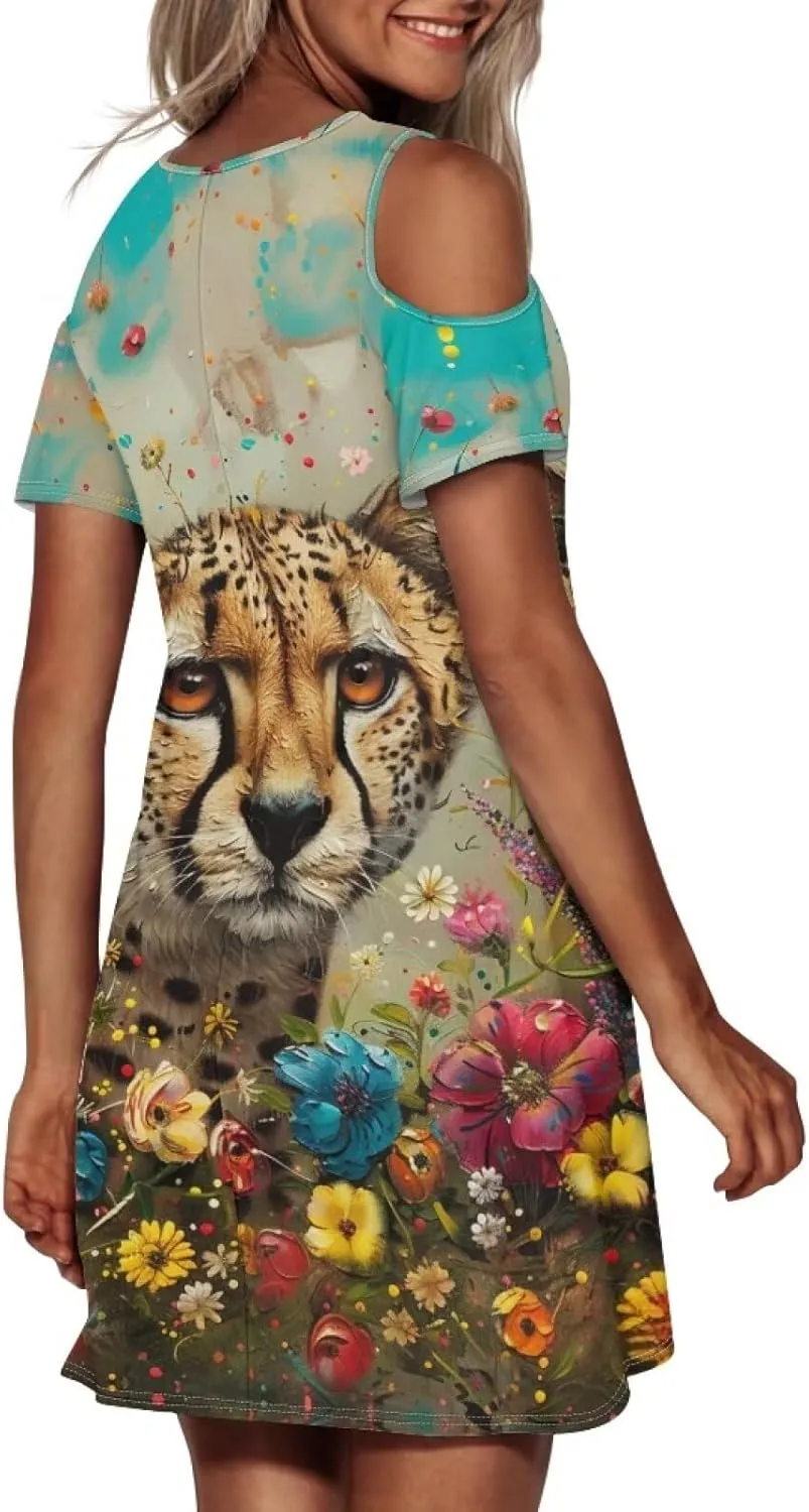 PinUp Angel Womens Art Oil Painting Animal Pattern Summer Dresses Beach Casual Loose Tshirt Floral Short Sleeve Sundress