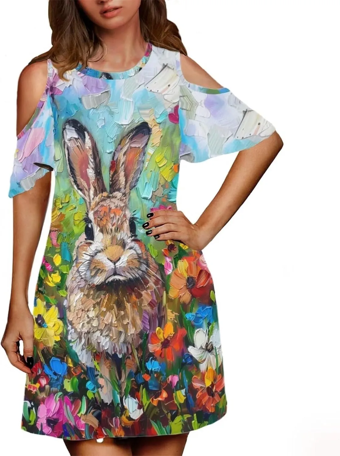 PinUp Angel Womens Art Oil Painting Animal Pattern Summer Dresses Beach Casual Loose Tshirt Floral Short Sleeve Sundress
