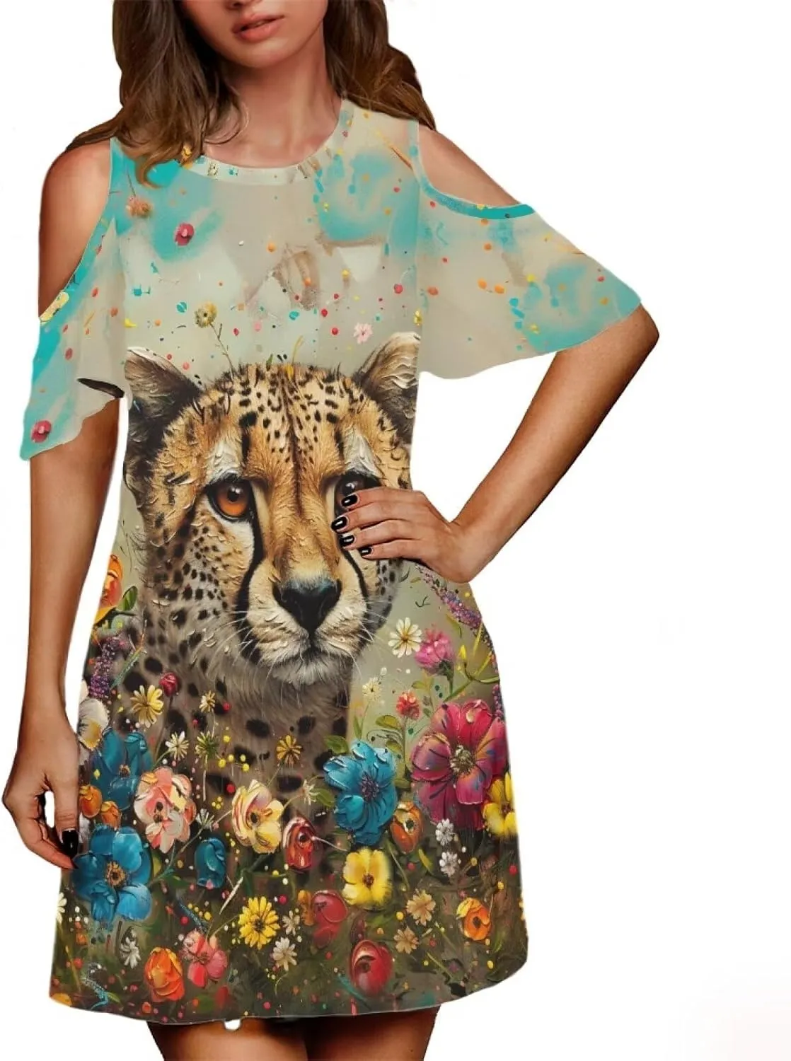 PinUp Angel Womens Art Oil Painting Animal Pattern Summer Dresses Beach Casual Loose Tshirt Floral Short Sleeve Sundress