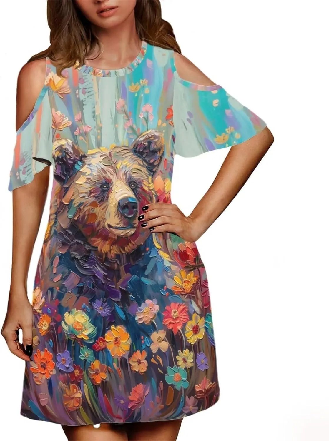 PinUp Angel Womens Art Oil Painting Animal Pattern Summer Dresses Beach Casual Loose Tshirt Floral Short Sleeve Sundress
