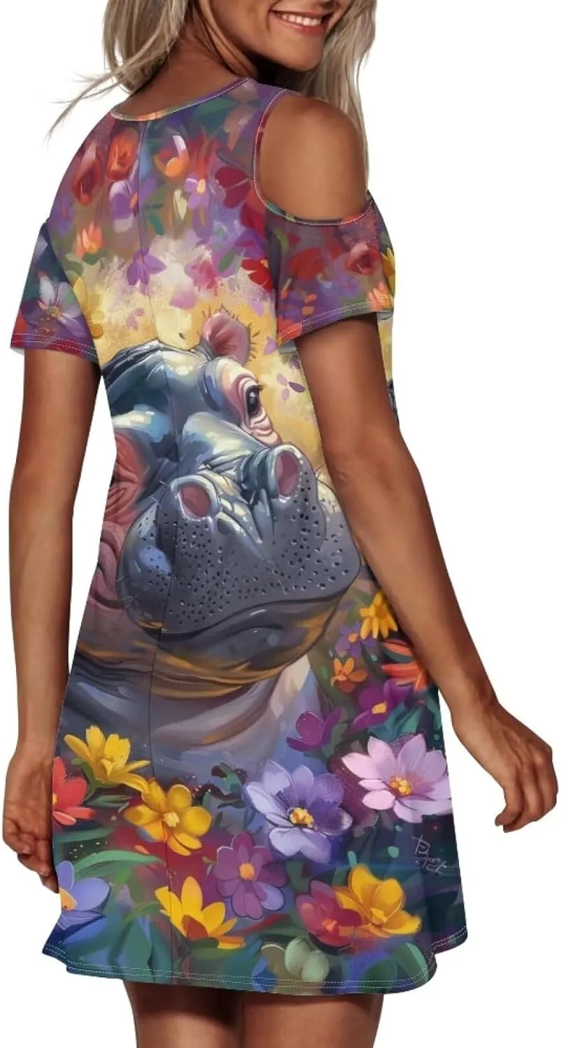 PinUp Angel Womens Art Oil Painting Animal Pattern Summer Dresses Beach Casual Loose Tshirt Floral Short Sleeve Sundress