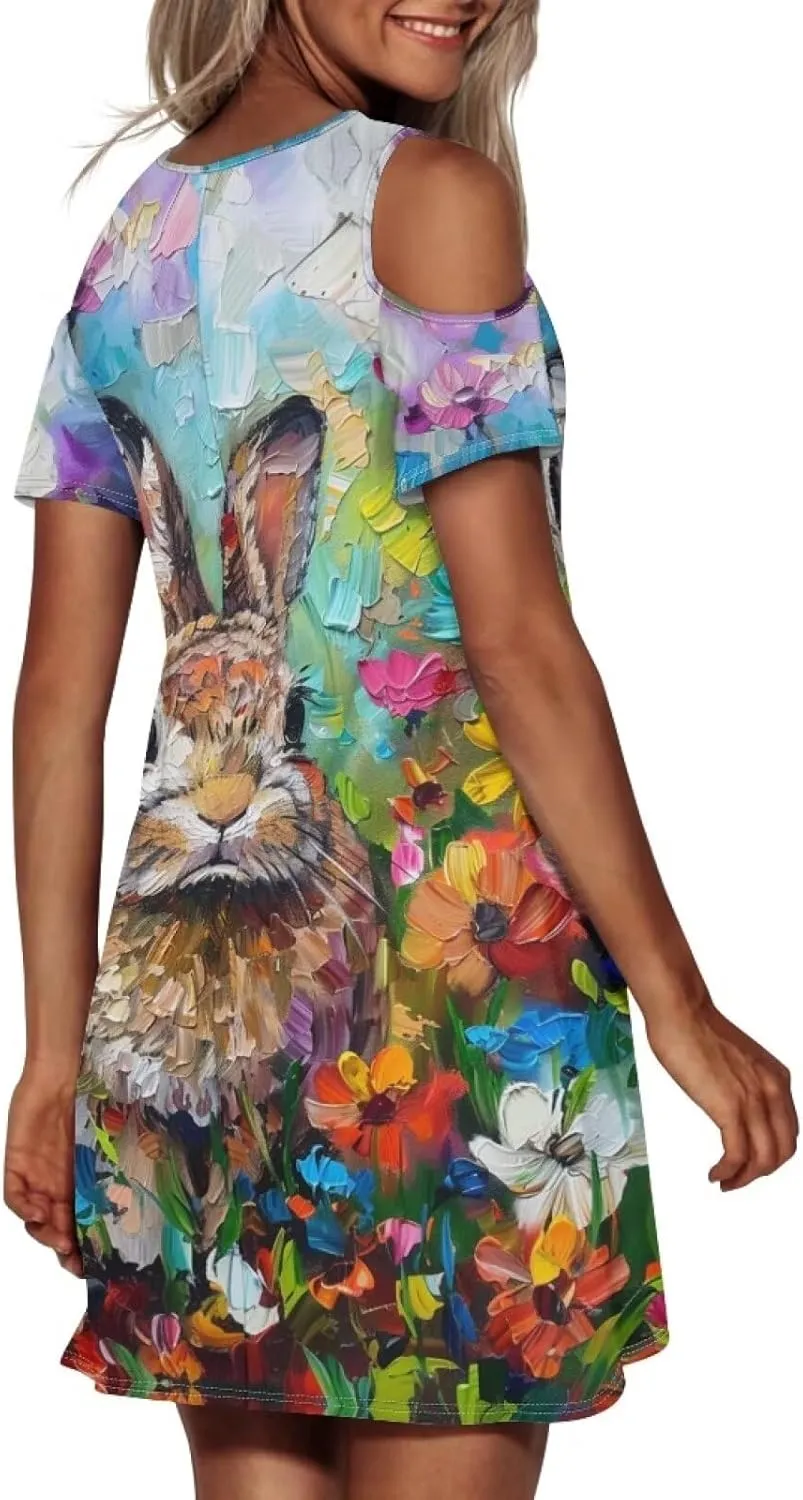 PinUp Angel Womens Art Oil Painting Animal Pattern Summer Dresses Beach Casual Loose Tshirt Floral Short Sleeve Sundress