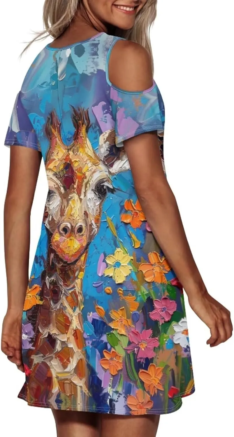 PinUp Angel Womens Summer Short Sleeve Dresses Art Oil Painting Animal Pattern Casual Crew Neck Dress Comfy Beach Sundress