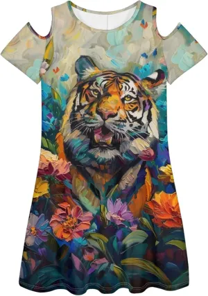 PinUp Angel Womens Summer Short Sleeve Dresses Art Oil Painting Animal Pattern Casual Crew Neck Dress Comfy Beach Sundress