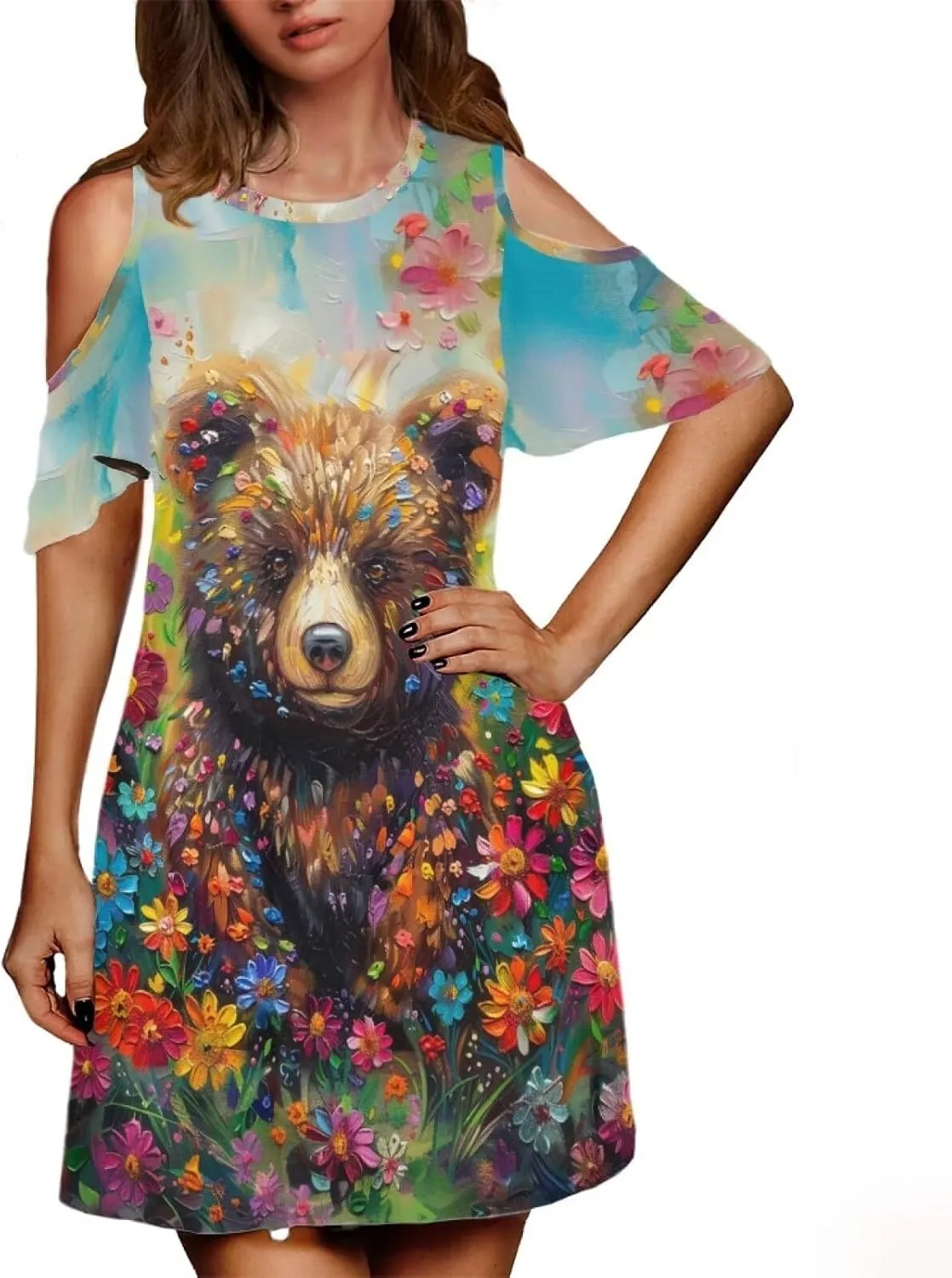 PinUp Angel Womens Summer Short Sleeve Dresses Art Oil Painting Animal Pattern Casual Crew Neck Dress Comfy Beach Sundress