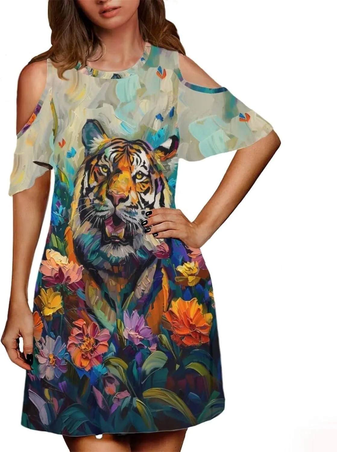 PinUp Angel Womens Summer Short Sleeve Dresses Art Oil Painting Animal Pattern Casual Crew Neck Dress Comfy Beach Sundress
