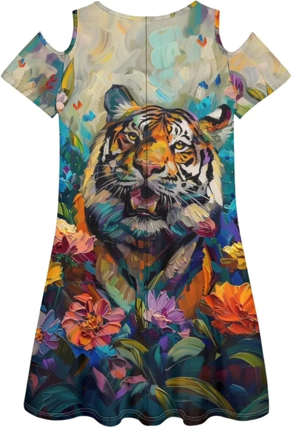 PinUp Angel Womens Summer Short Sleeve Dresses Art Oil Painting Animal Pattern Casual Crew Neck Dress Comfy Beach Sundress
