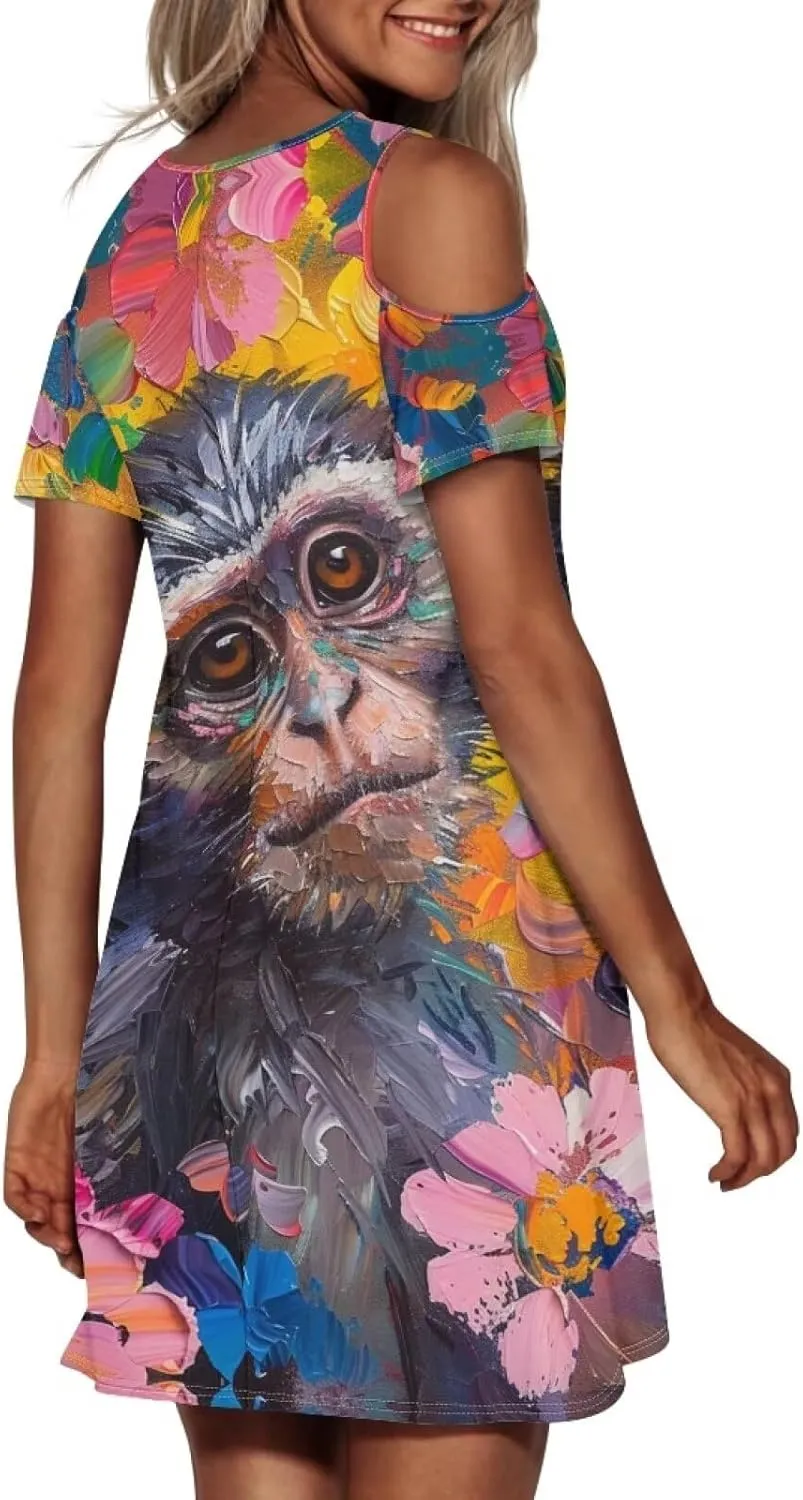 PinUp Angel Womens Summer Short Sleeve Dresses Art Oil Painting Animal Pattern Casual Crew Neck Dress Comfy Beach Sundress