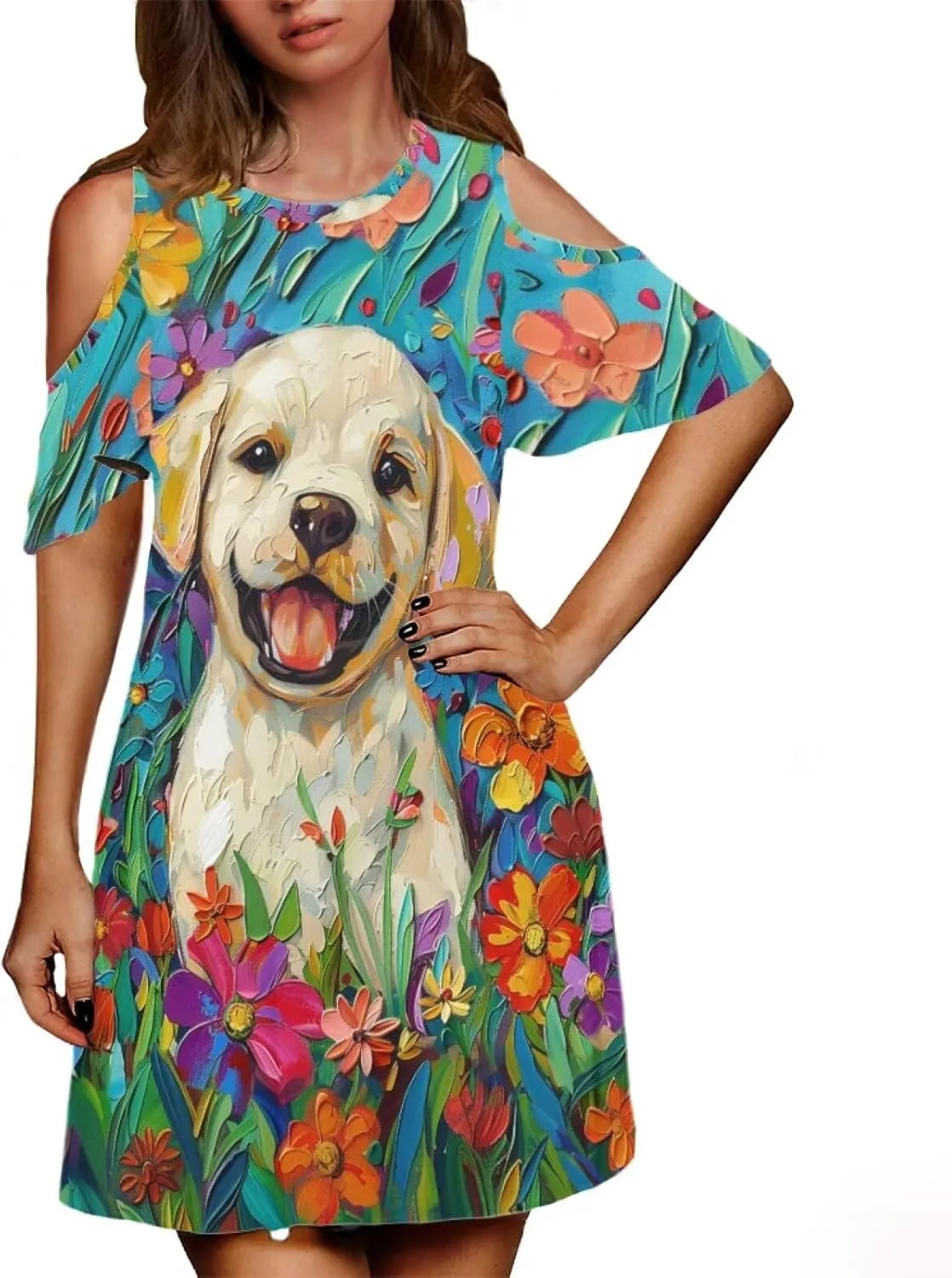 PinUp Angel Womens Summer Short Sleeve Dresses Art Oil Painting Animal Pattern Casual Crew Neck Dress Comfy Beach Sundress