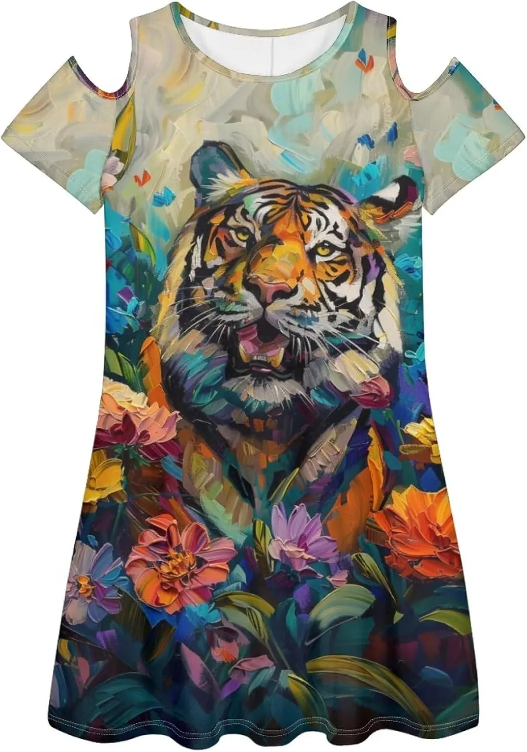 PinUp Angel Womens Summer Short Sleeve Dresses Art Oil Painting Animal Pattern Casual Crew Neck Dress Comfy Beach Sundress