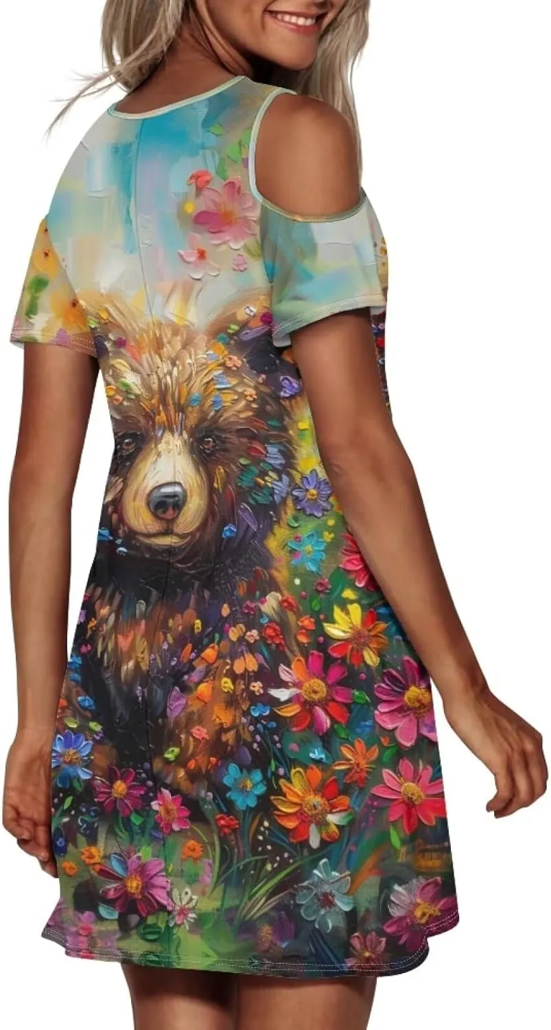 PinUp Angel Womens Summer Short Sleeve Dresses Art Oil Painting Animal Pattern Casual Crew Neck Dress Comfy Beach Sundress