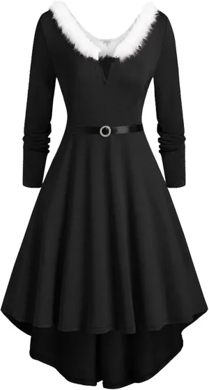 Plus Size Christmas Dress for Women Furry V Neck Long Sleeves Plaid High Low Dresses Vintage Evening Party Midi Dress