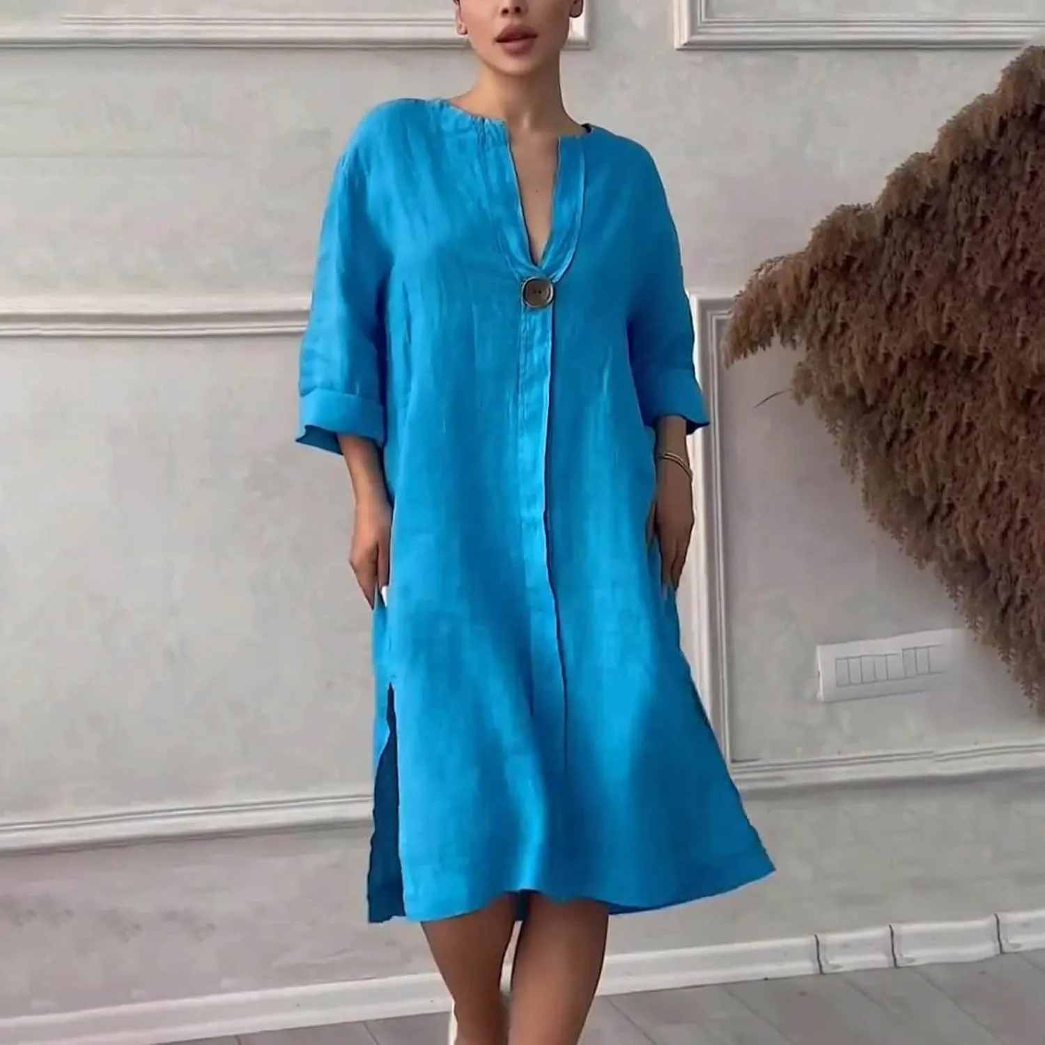 Plus Size Cotton Linen Dress Women's Summer Loose V Neck Vintage 3/4 Sleeve Baggy Lightweight Casual Solid Midi Dress