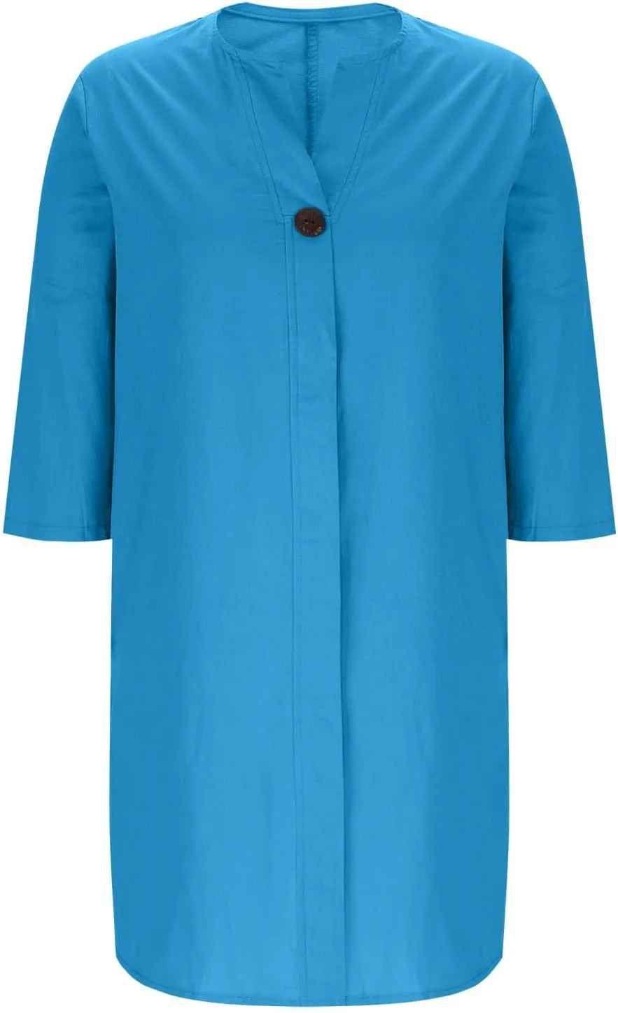 Plus Size Cotton Linen Dress Women's Summer Loose V Neck Vintage 3/4 Sleeve Baggy Lightweight Casual Solid Midi Dress