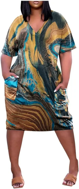Plus Size Dress Womens 2024 Plus Size Loose Knee Trendy V-Neck Ladies Pocket Breathable Daily Dress