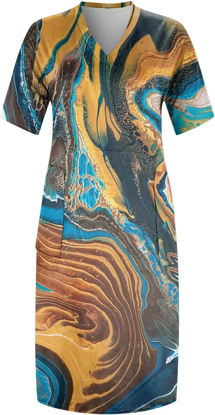 Plus Size Dress Womens 2024 Plus Size Loose Knee Trendy V-Neck Ladies Pocket Breathable Daily Dress