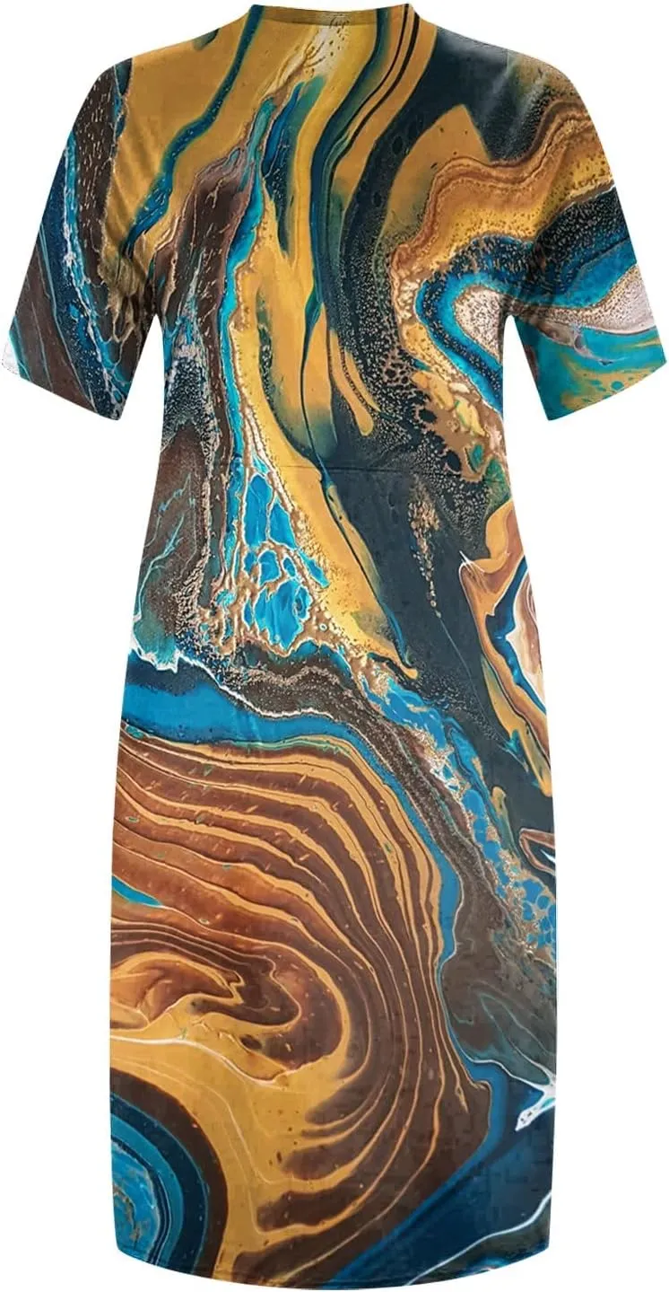 Plus Size Dress Womens 2024 Plus Size Loose Knee Trendy V-Neck Ladies Pocket Breathable Daily Dress
