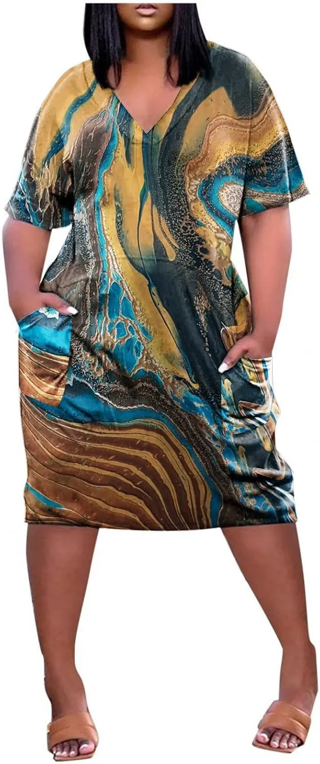 Plus Size Dress Womens 2024 Plus Size Loose Knee Trendy V-Neck Ladies Pocket Breathable Daily Dress