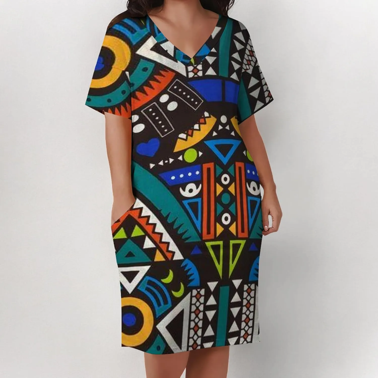 Plus Size Printed Tie Dye Short Skirt for Curvy Women V Neck African Ethnic Style Dress Short Sleeves with Pockets