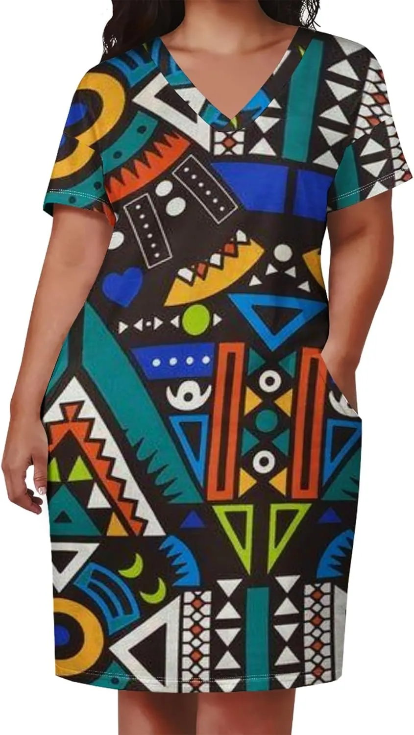 Plus Size Printed Tie Dye Short Skirt for Curvy Women V Neck African Ethnic Style Dress Short Sleeves with Pockets