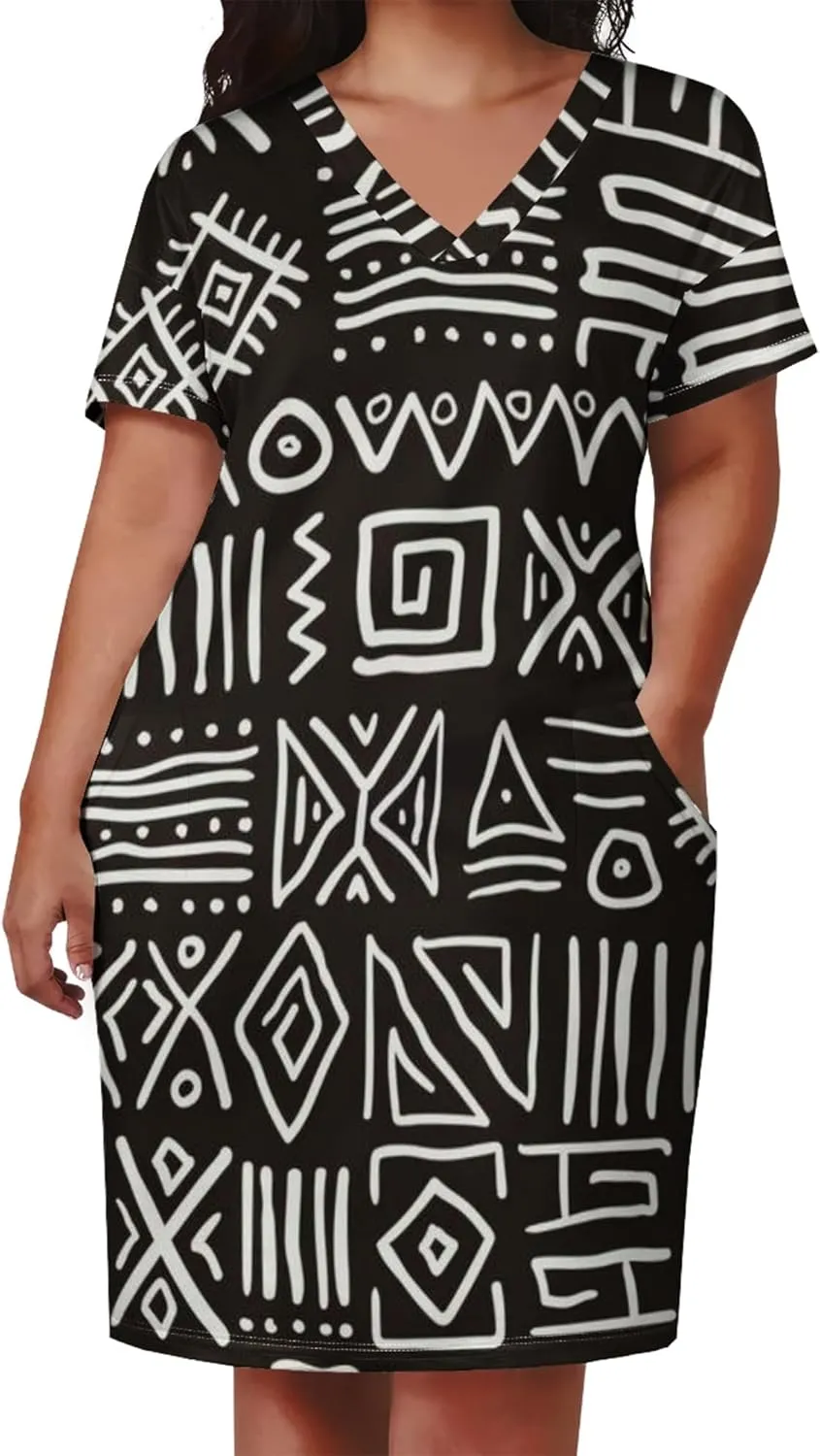 Plus Size Printed Tie Dye Short Skirt for Curvy Women V Neck African Ethnic Style Dress Short Sleeves with Pockets
