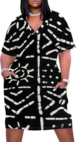 Plus Size Printed Tie Dye Short Skirt for Curvy Women V Neck African Ethnic Style Dress Short Sleeves with Pockets