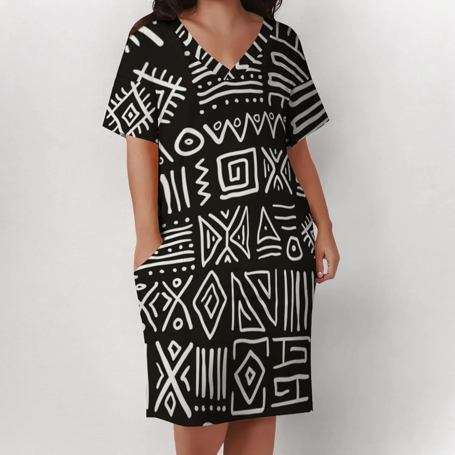 Plus Size Printed Tie Dye Short Skirt for Curvy Women V Neck African Ethnic Style Dress Short Sleeves with Pockets