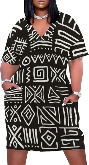 Plus Size Printed Tie Dye Short Skirt for Curvy Women V Neck African Ethnic Style Dress Short Sleeves with Pockets