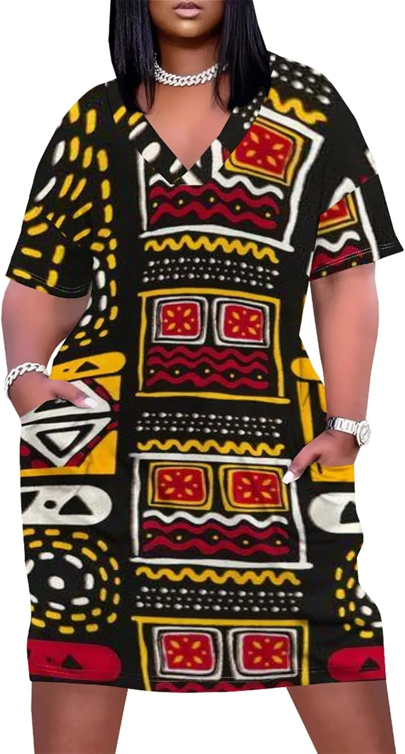 Plus Size Printed Tie Dye Short Skirt for Curvy Women V Neck African Ethnic Style Dress Short Sleeves with Pockets