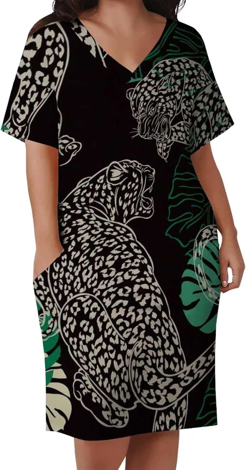 Plus Size Printed Tie Dye Short Skirt for Curvy Women V Neck African Ethnic Style Dress Short Sleeves with Pockets