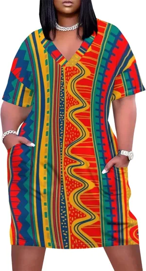 Plus Size Printed Tie Dye Short Skirt for Curvy Women V Neck African Ethnic Style Dress Short Sleeves with Pockets