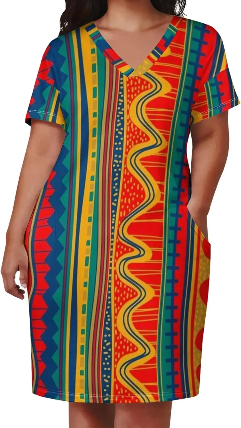 Plus Size Printed Tie Dye Short Skirt for Curvy Women V Neck African Ethnic Style Dress Short Sleeves with Pockets