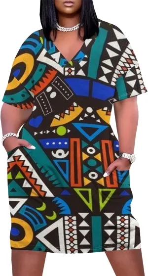 Plus Size Printed Tie Dye Short Skirt for Curvy Women V Neck African Ethnic Style Dress Short Sleeves with Pockets