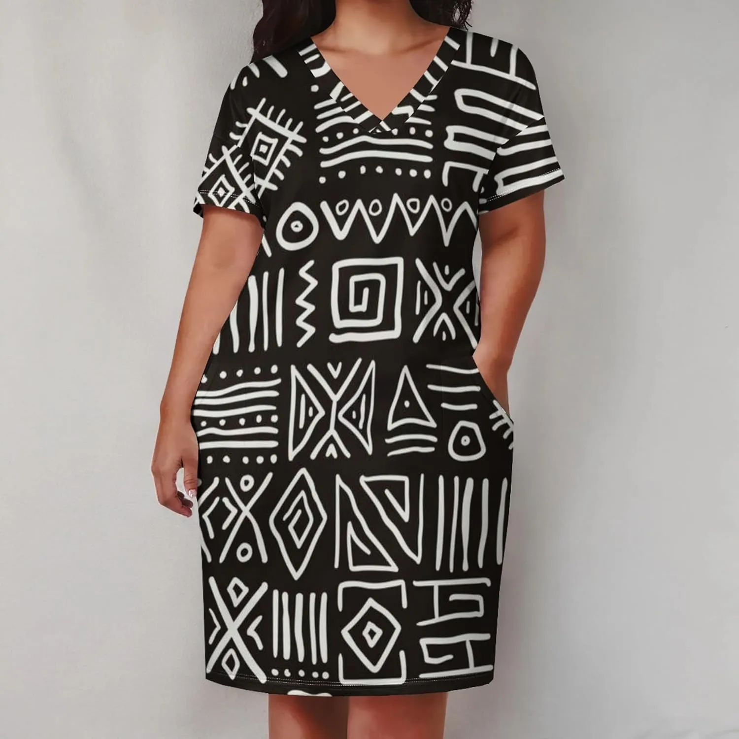 Plus Size Printed Tie Dye Short Skirt for Curvy Women V Neck African Ethnic Style Dress Short Sleeves with Pockets