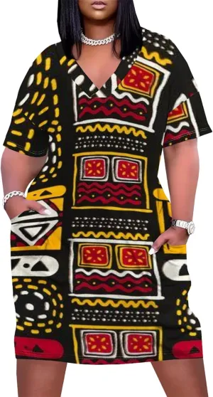 Plus Size Printed Tie Dye Short Skirt for Curvy Women V Neck African Ethnic Style Dress Short Sleeves with Pockets