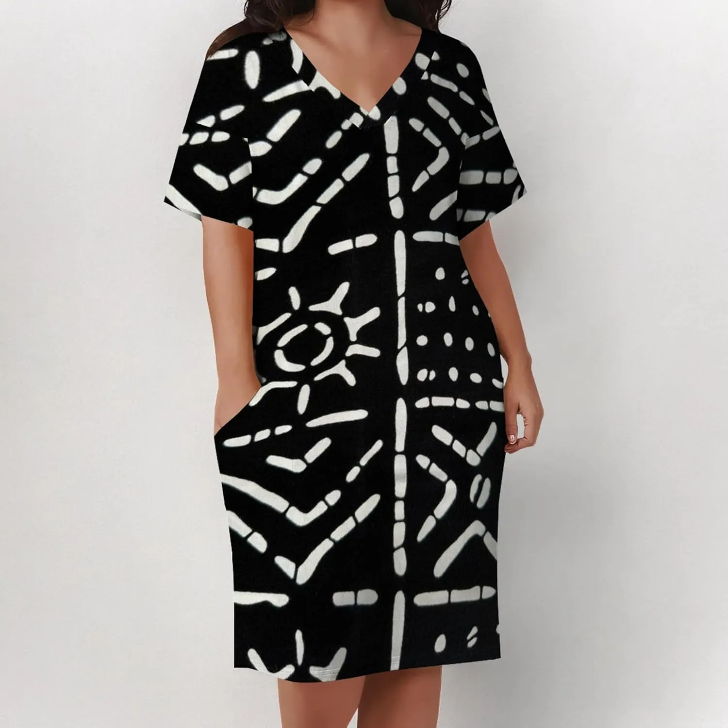 Plus Size Printed Tie Dye Short Skirt for Curvy Women V Neck African Ethnic Style Dress Short Sleeves with Pockets