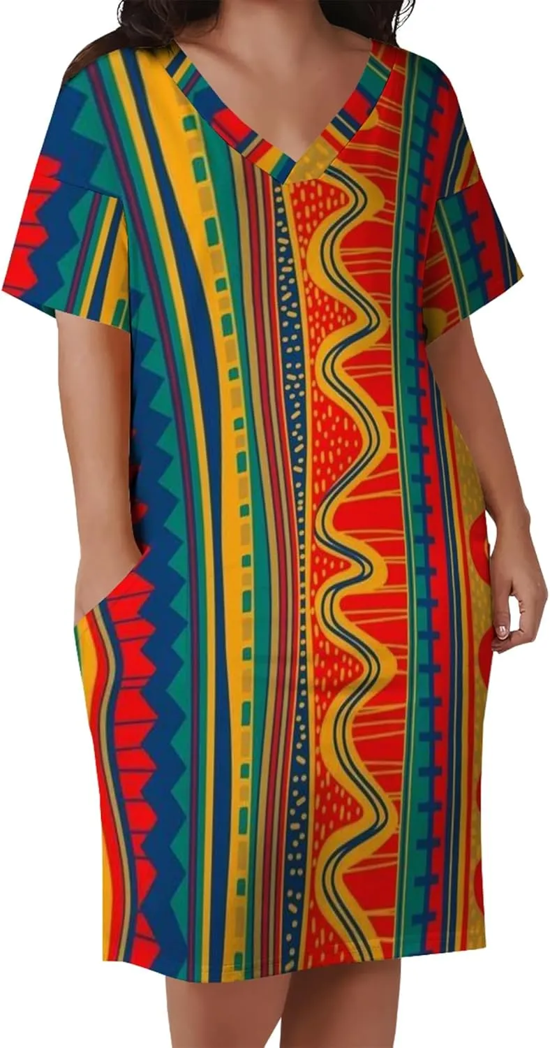 Plus Size Printed Tie Dye Short Skirt for Curvy Women V Neck African Ethnic Style Dress Short Sleeves with Pockets