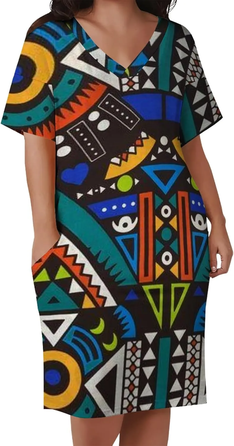 Plus Size Printed Tie Dye Short Skirt for Curvy Women V Neck African Ethnic Style Dress Short Sleeves with Pockets
