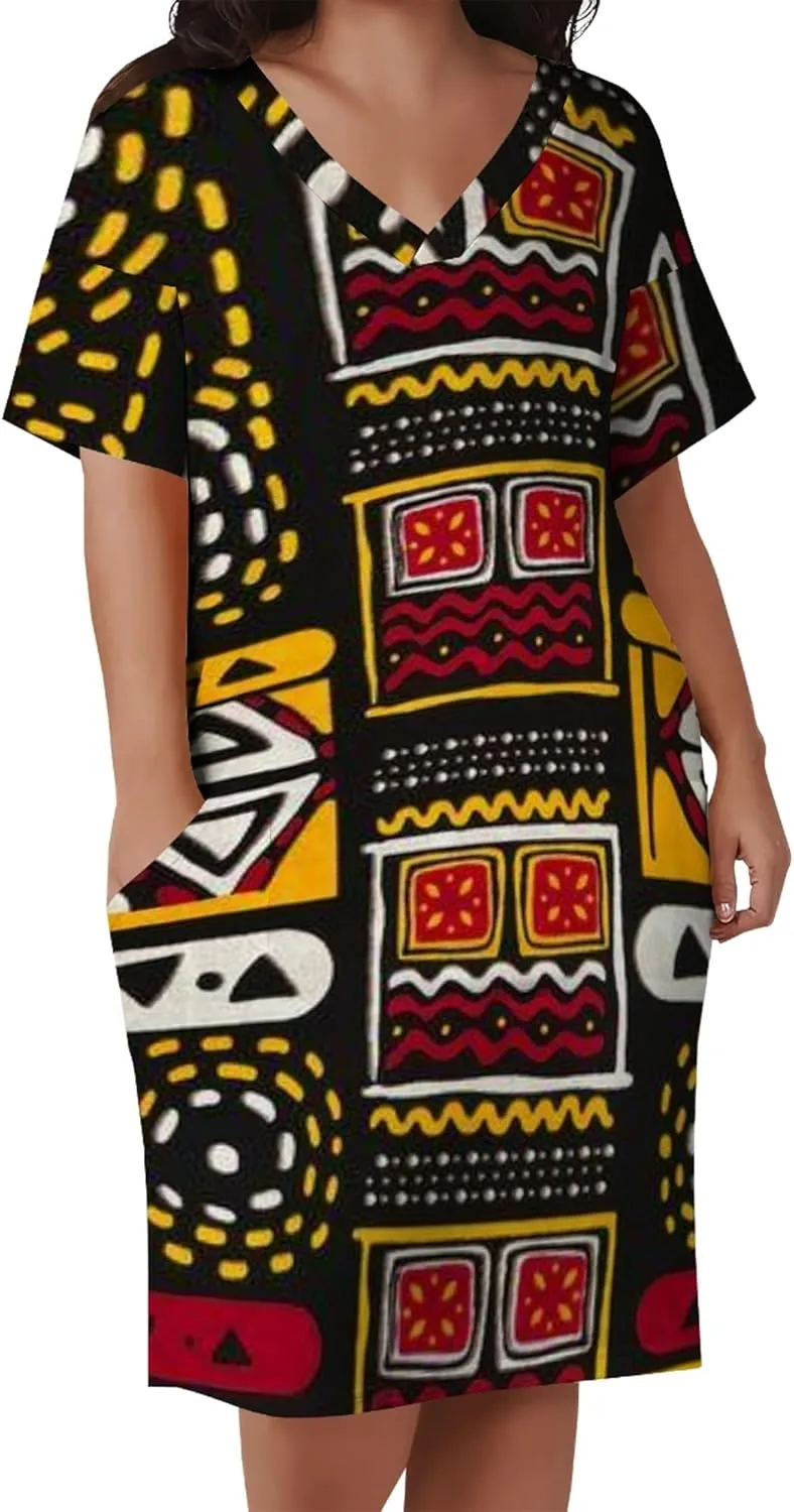Plus Size Printed Tie Dye Short Skirt for Curvy Women V Neck African Ethnic Style Dress Short Sleeves with Pockets