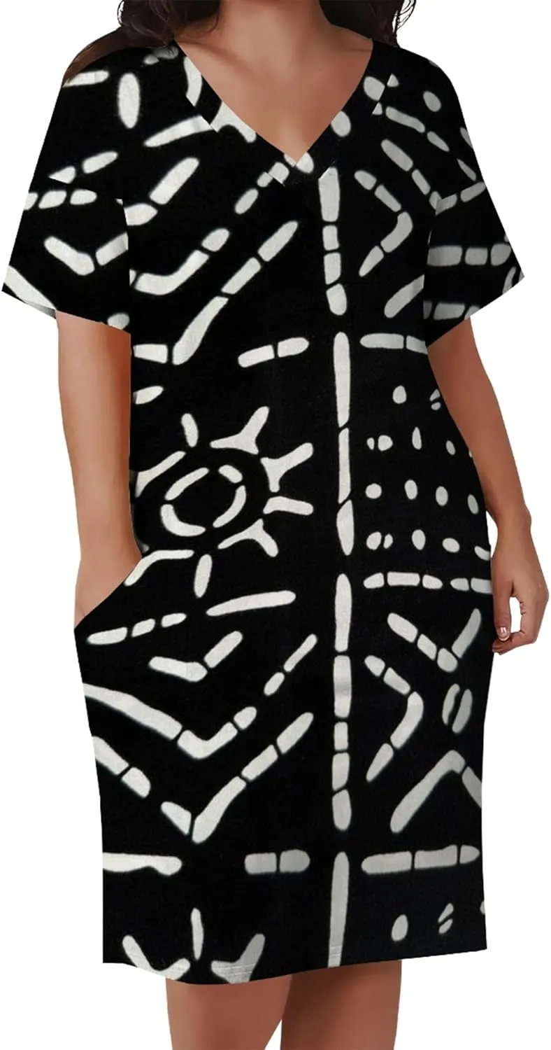 Plus Size Printed Tie Dye Short Skirt for Curvy Women V Neck African Ethnic Style Dress Short Sleeves with Pockets