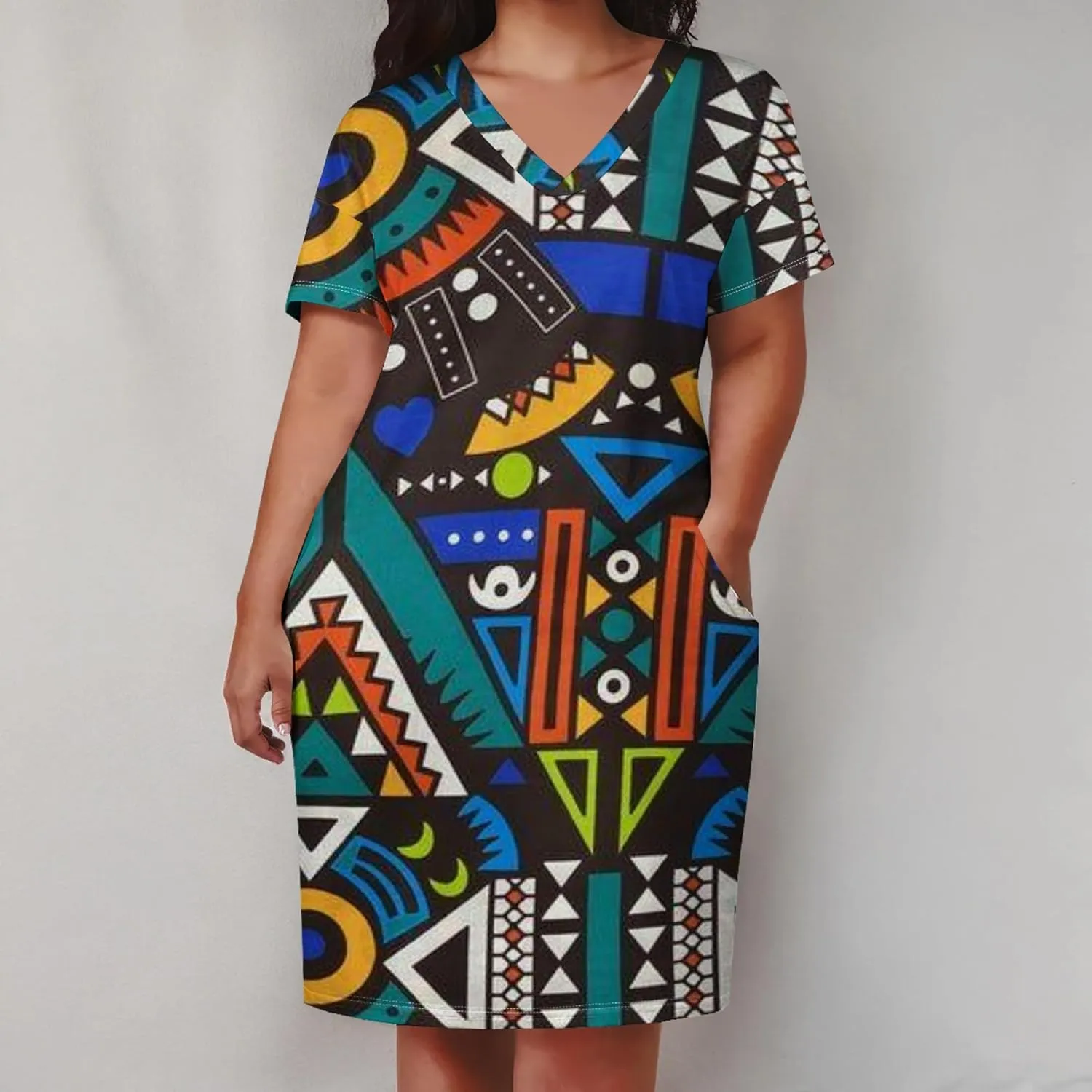 Plus Size Printed Tie Dye Short Skirt for Curvy Women V Neck African Ethnic Style Dress Short Sleeves with Pockets