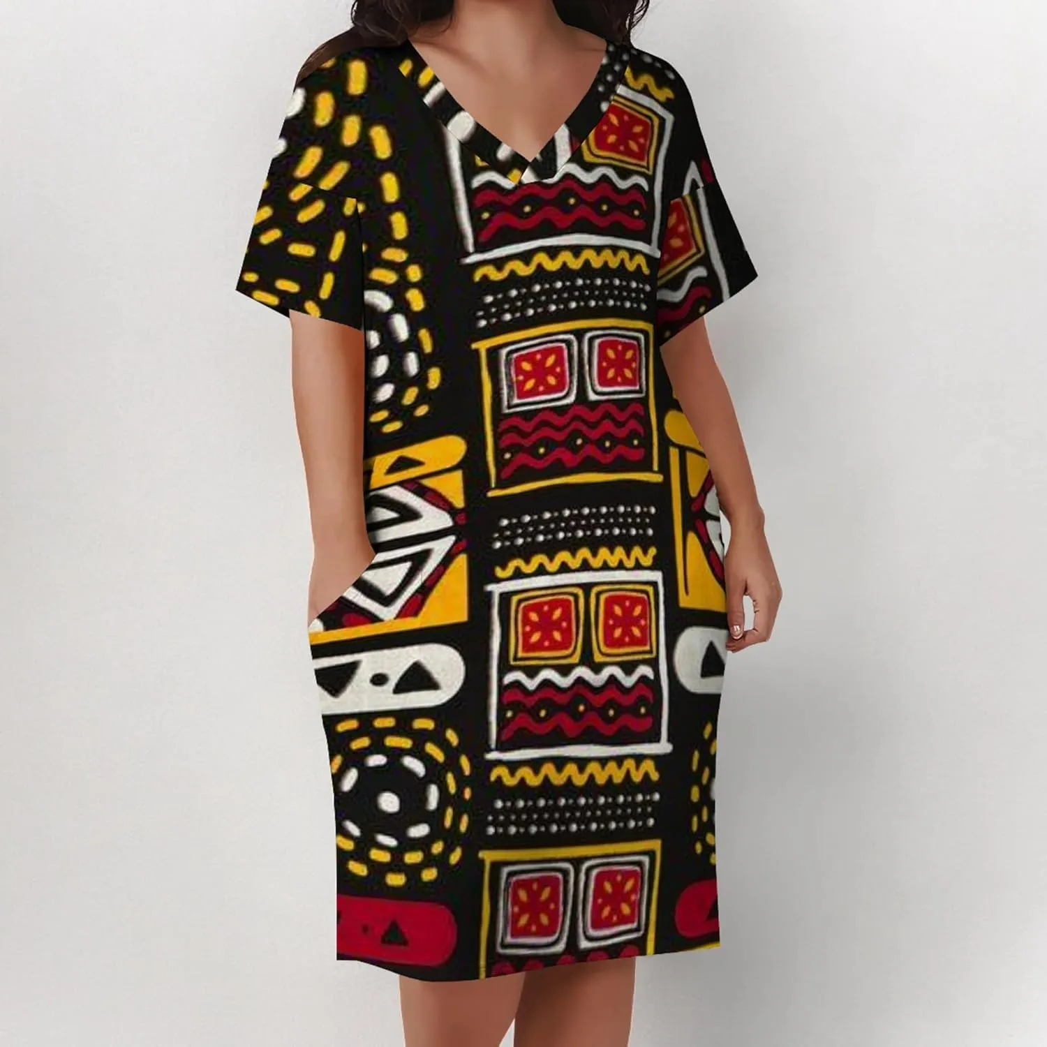 Plus Size Printed Tie Dye Short Skirt for Curvy Women V Neck African Ethnic Style Dress Short Sleeves with Pockets