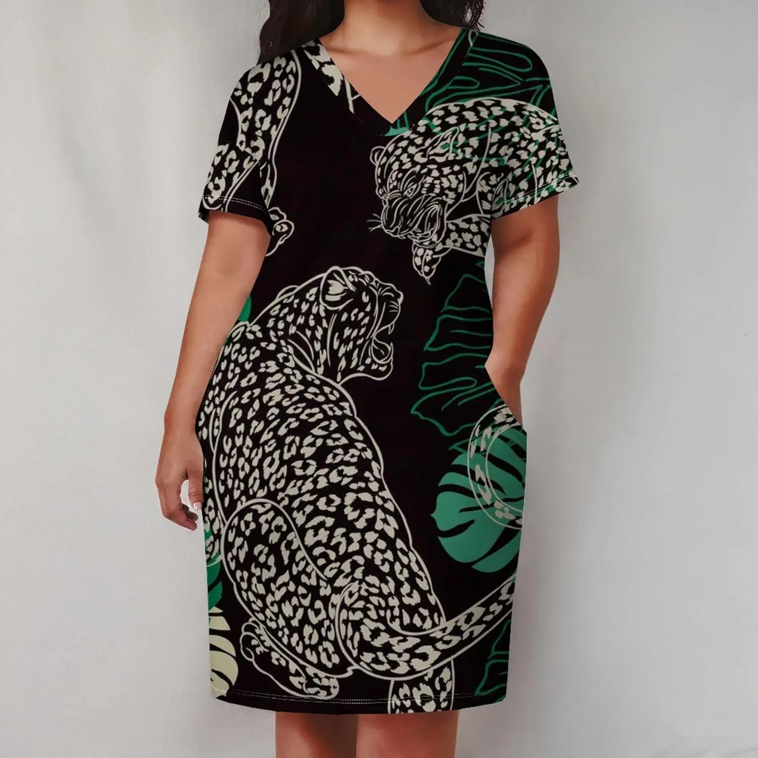 Plus Size Printed Tie Dye Short Skirt for Curvy Women V Neck African Ethnic Style Dress Short Sleeves with Pockets
