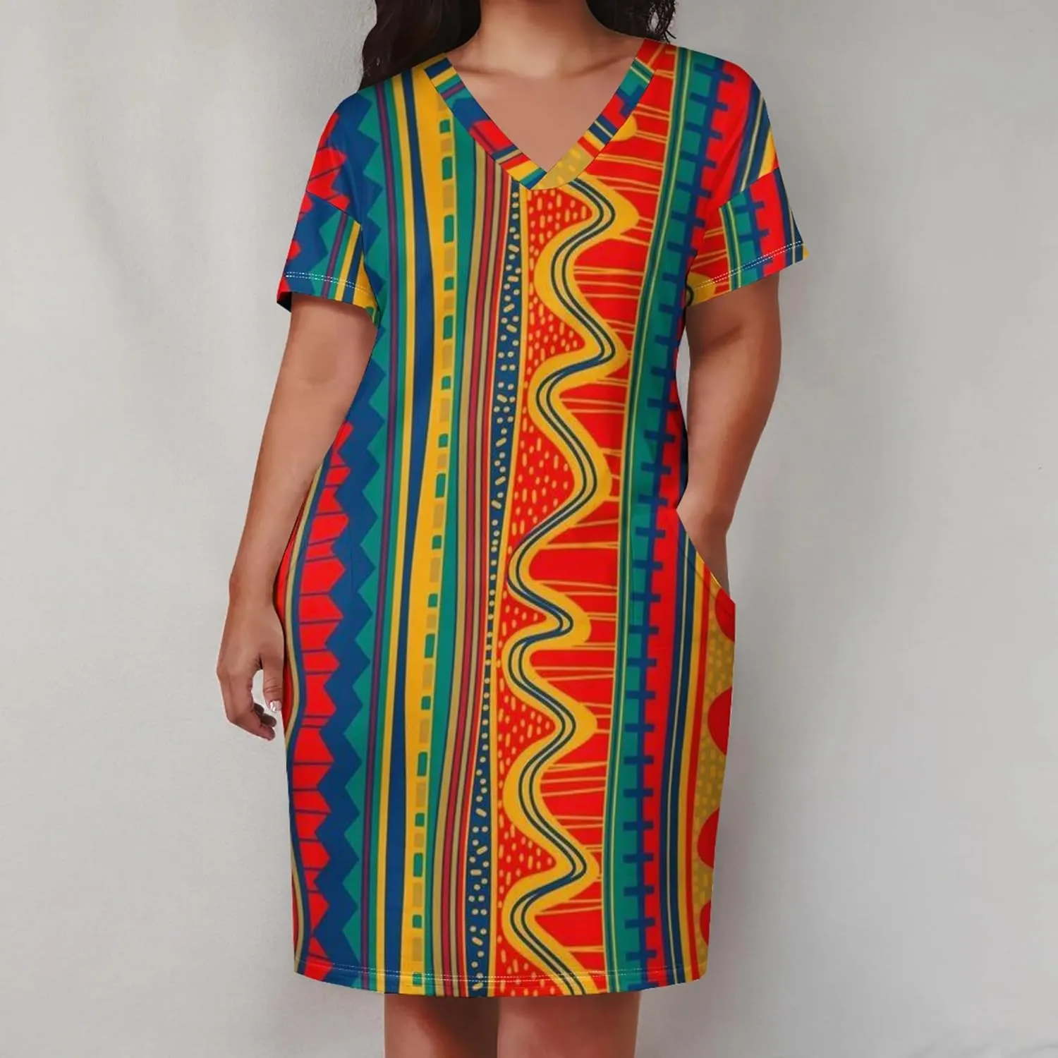 Plus Size Printed Tie Dye Short Skirt for Curvy Women V Neck African Ethnic Style Dress Short Sleeves with Pockets