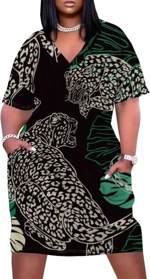 Plus Size Printed Tie Dye Short Skirt for Curvy Women V Neck African Ethnic Style Dress Short Sleeves with Pockets