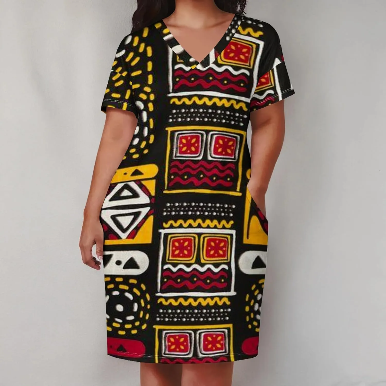 Plus Size Printed Tie Dye Short Skirt for Curvy Women V Neck African Ethnic Style Dress Short Sleeves with Pockets