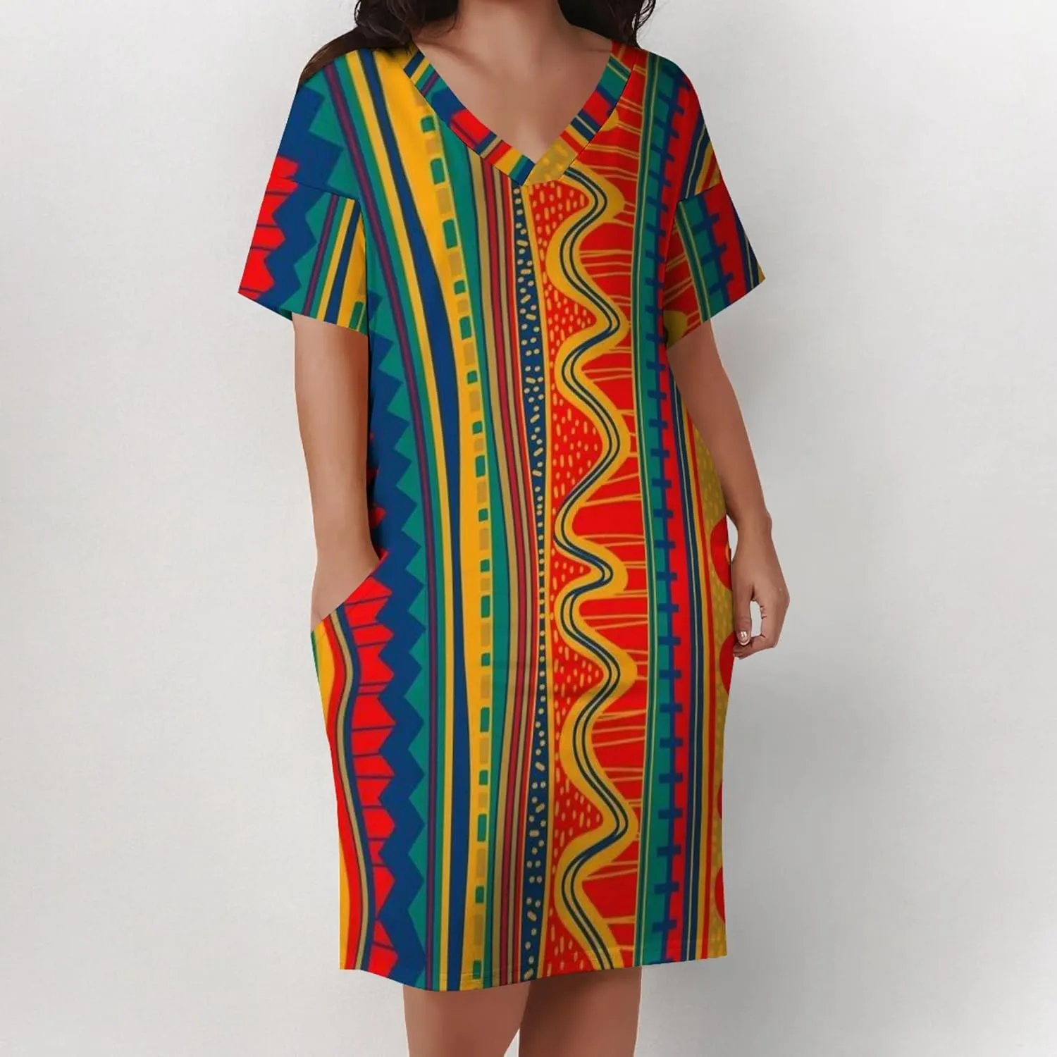 Plus Size Printed Tie Dye Short Skirt for Curvy Women V Neck African Ethnic Style Dress Short Sleeves with Pockets