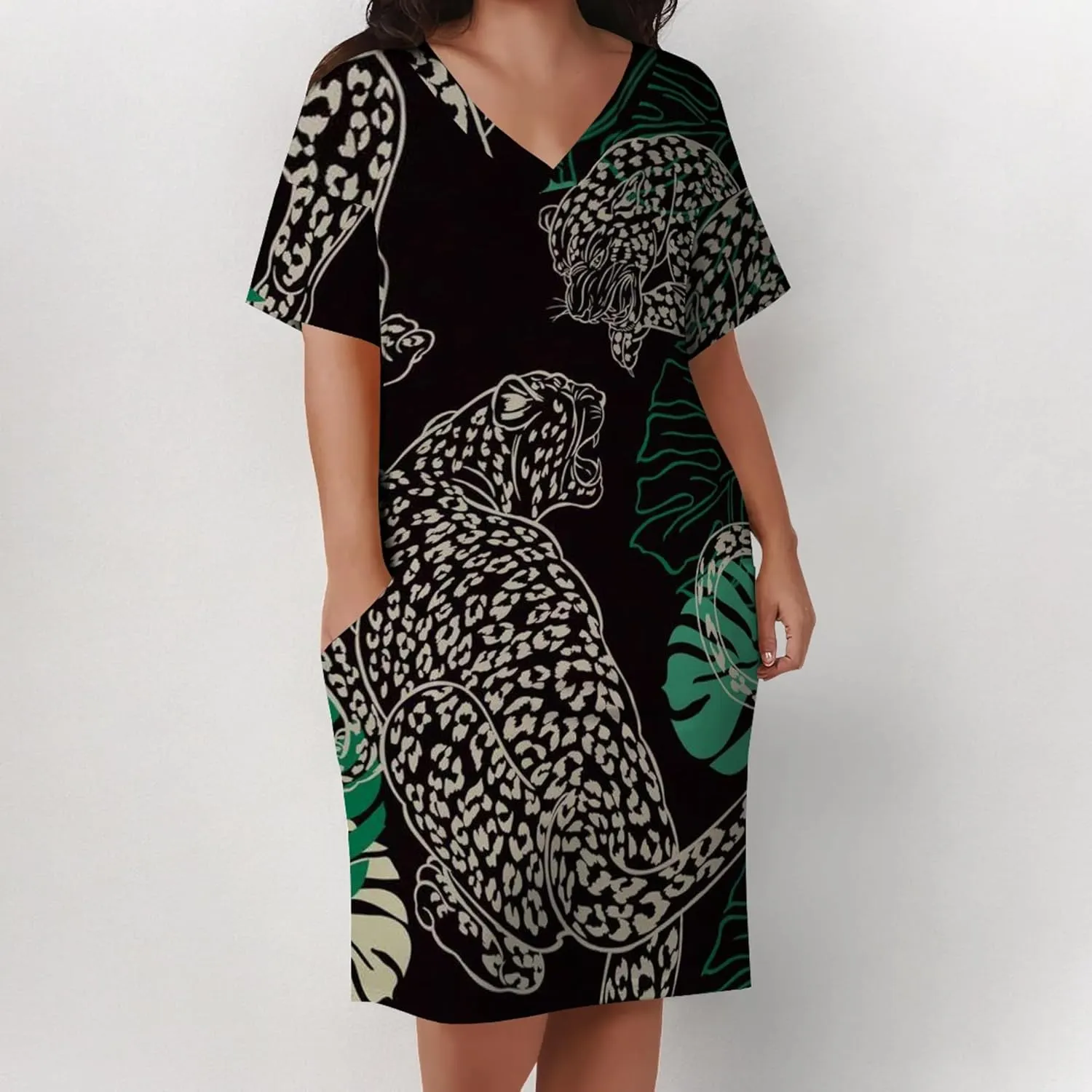 Plus Size Printed Tie Dye Short Skirt for Curvy Women V Neck African Ethnic Style Dress Short Sleeves with Pockets