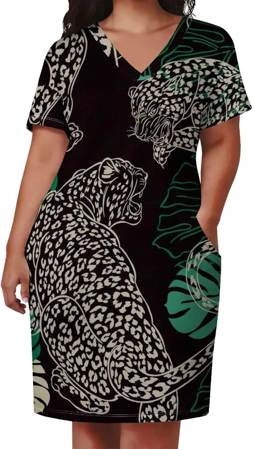 Plus Size Printed Tie Dye Short Skirt for Curvy Women V Neck African Ethnic Style Dress Short Sleeves with Pockets